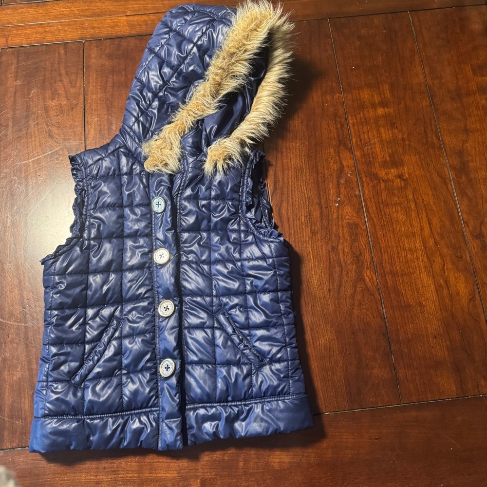 Justice Navy Blue Quilted Hooded Vest with Faux‎ Fur Trim - Girls 14